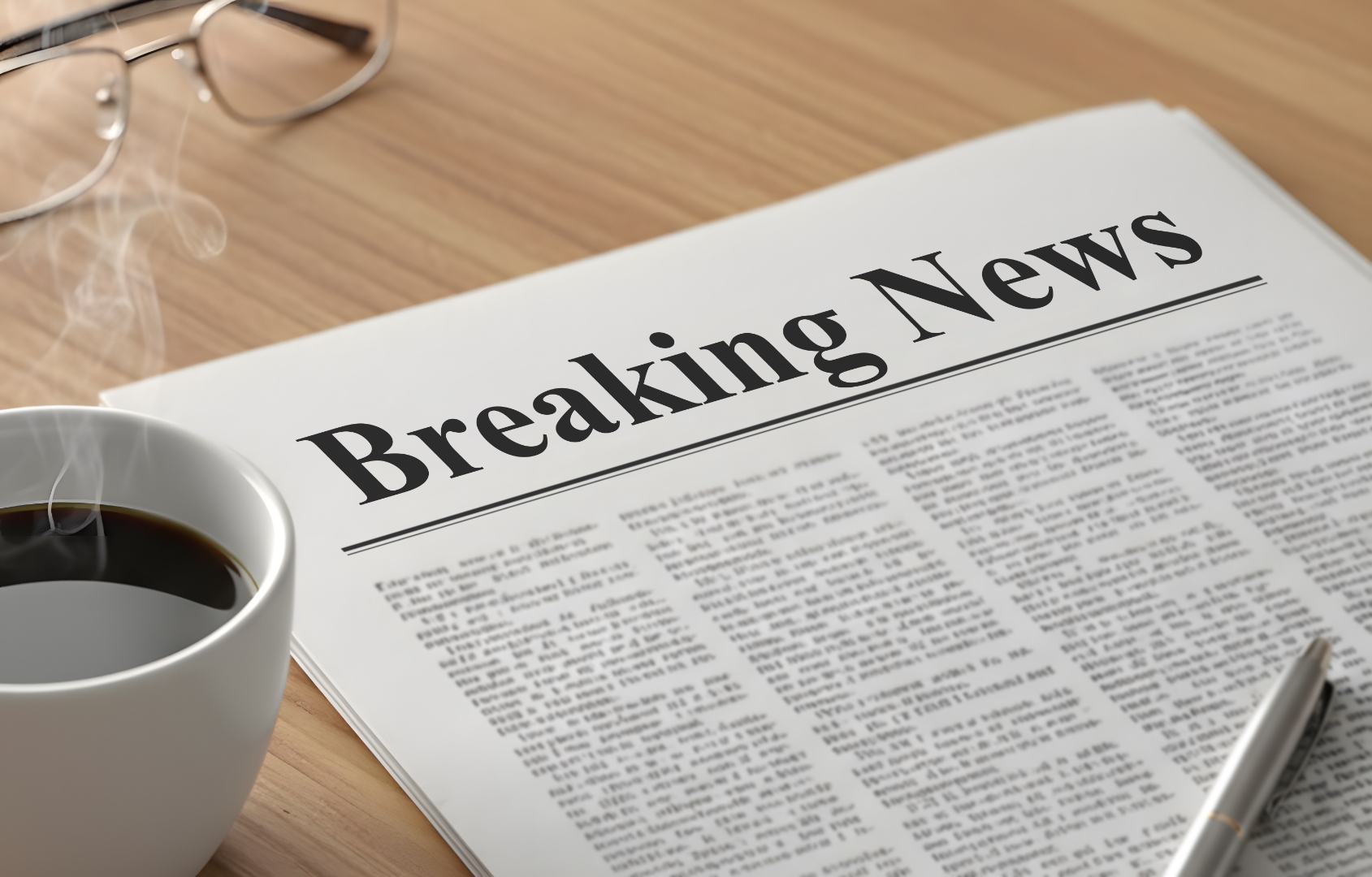 Breaking news desk with newspaper, coffee, and pen representing the latest RWA tokenization headlines