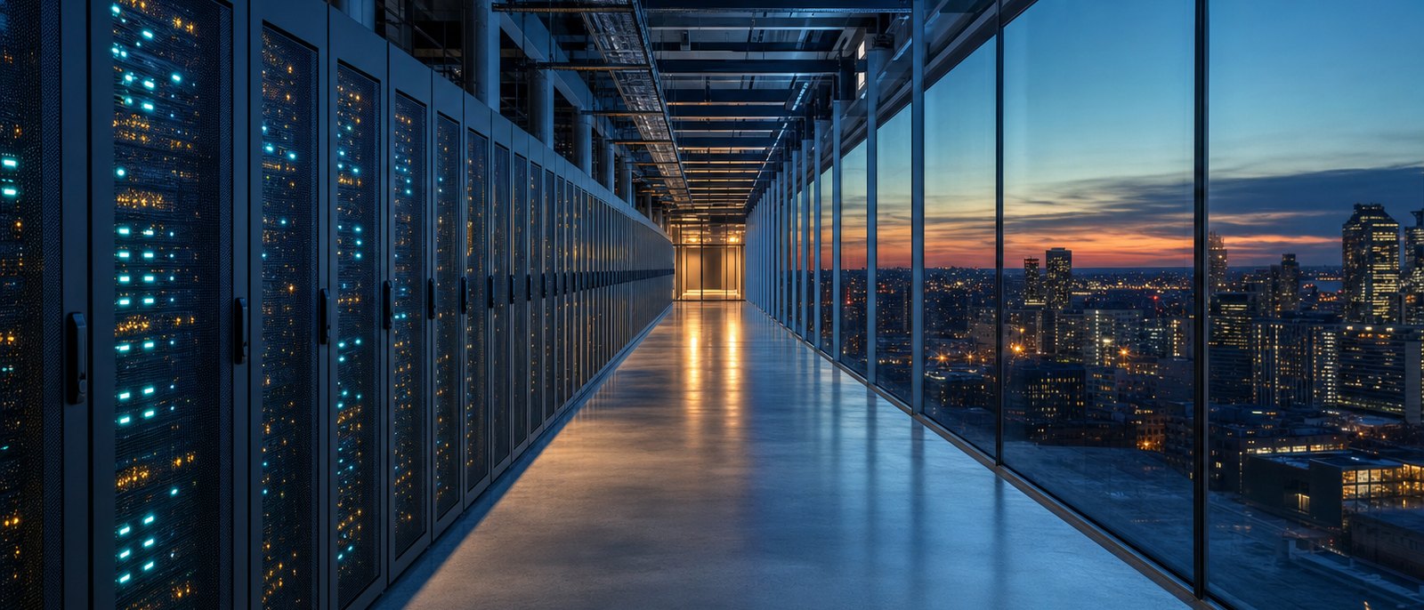 Interior of a modern artificial intelligence data center with long rows of illuminated server racks and a city skyline beyond the glass wall at dusk