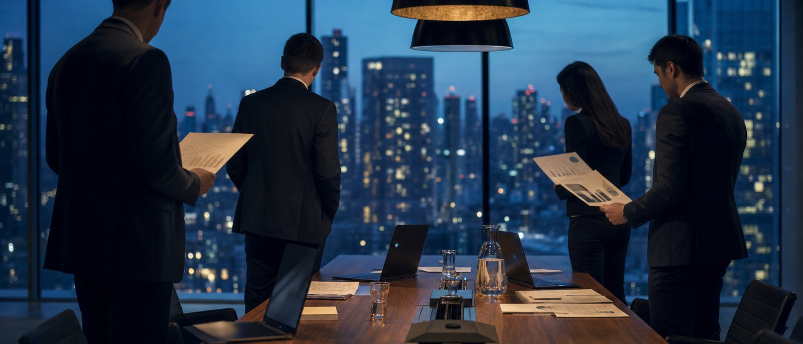 Business leaders reviewing acquisition documents around a boardroom table with a city skyline at dusk