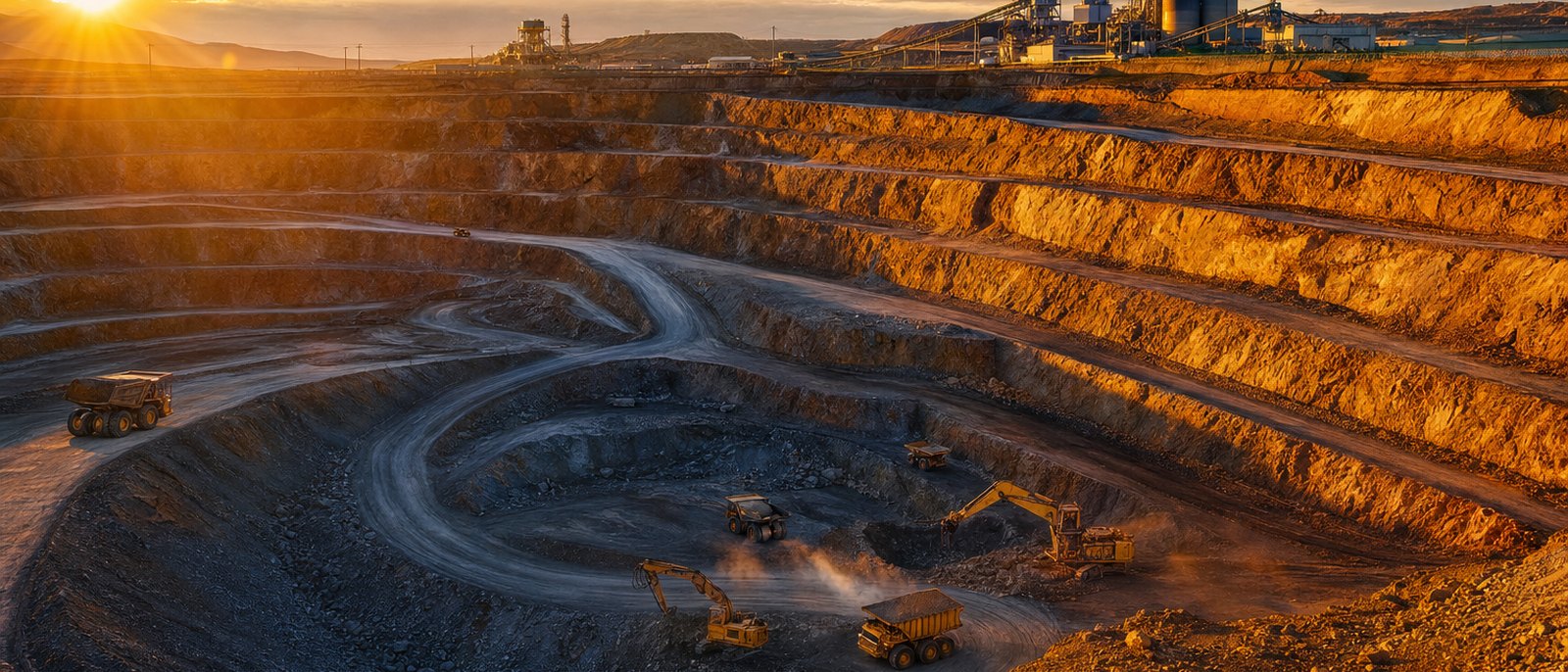 Terraced open-pit gold mine at golden hour with haul trucks and excavators working the lower benches and an ore processing plant on the ridge above