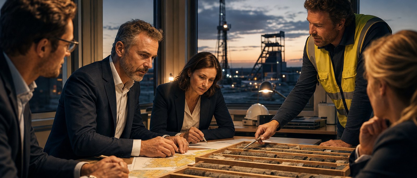Mining company executives and a geologist in a high-visibility vest reviewing drill core samples, geological maps, and financial documents in a site office at dusk