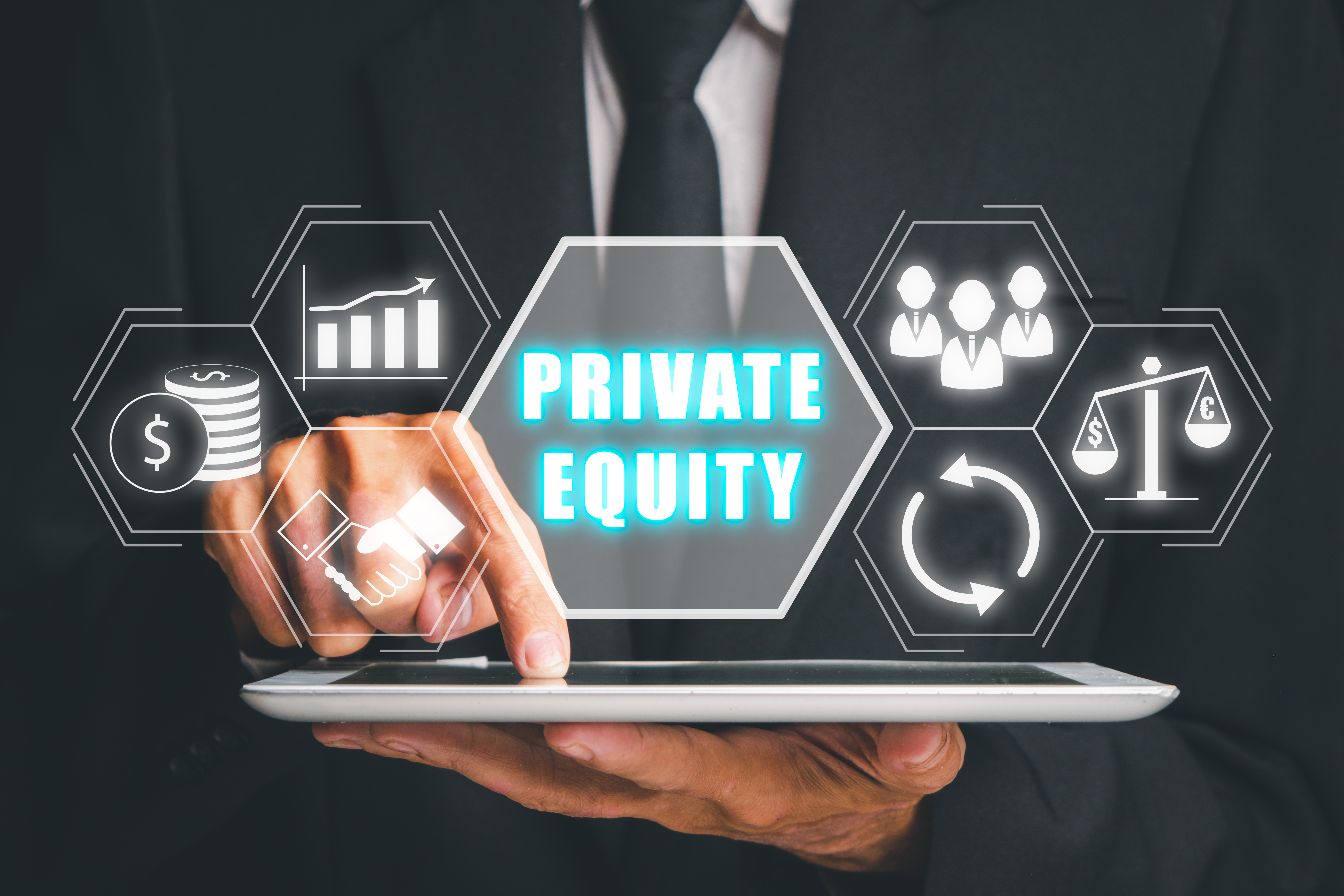 Private equity investment and business strategy on a digital interface